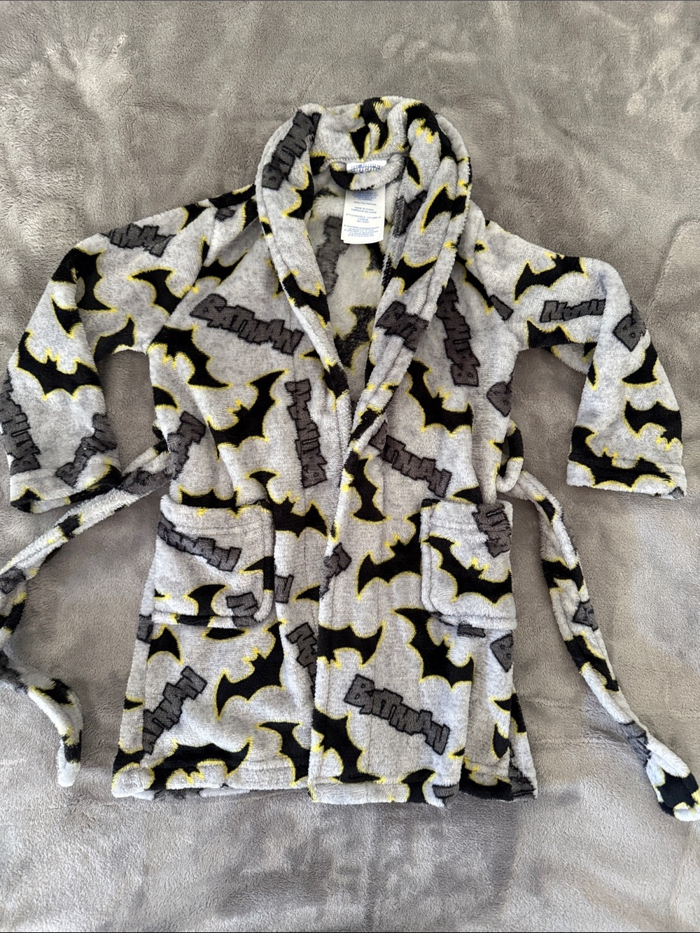 Kids Grey Batman Fleece Bath Robe with Hooded Collar